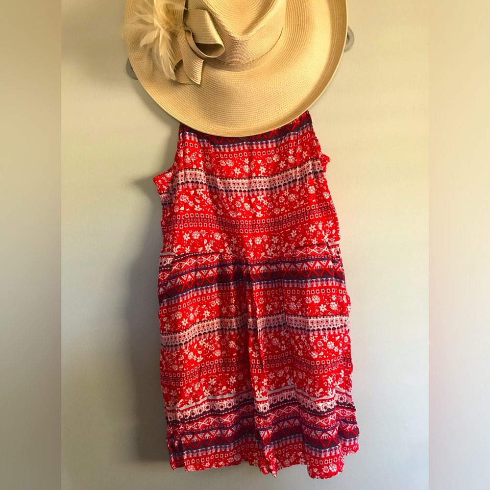 XL No Boundaries Red Floral Printed Sun Dress with pockets and spaghetti straps.